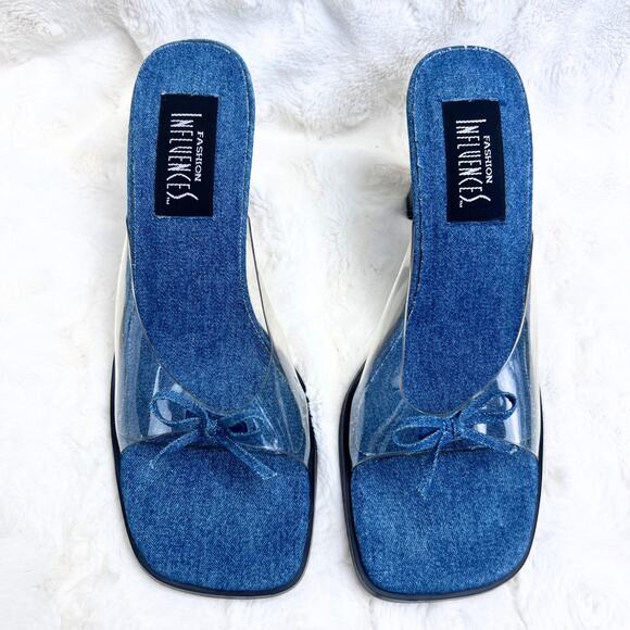 Y2K Clear Strap Square Toe Denim Heels Barbiecore Statement Party Homecoming - Picture 2 of 5